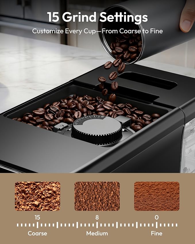 Automatic Espresso Machine, 20 Bar Coffee Maker with Grinder Built in Milk Frother, 15-Grind Settings Fully Automatic Espresso Machine with Touch Screen, Auto Self-Cleaning for Cappuccino & Latte - Image 3