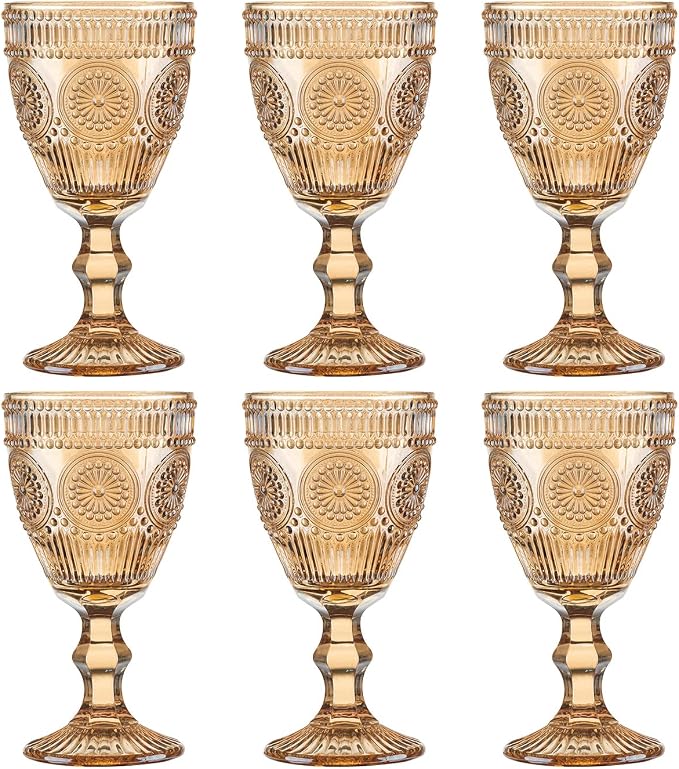 Vintage Wine Glasses Set of 6, 10 Ounces Colored Glass Water Goblets, Unique Flower Embossed Pattern High Clear Stemmed Glassware Wedding Party Bar Glass Drinking Cups Flower Amber Fancy Glasses - Image 5
