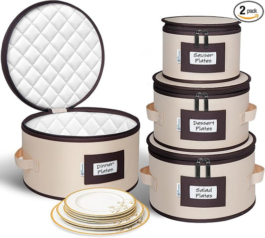 China Storage Containers, 4-Pack Hard Shell Plate & Dish Cases for Moving | Padded dividers and quilted lining protect plates and dishes; stackable for moving and holiday storage, beige hold set of 12 by Punemi