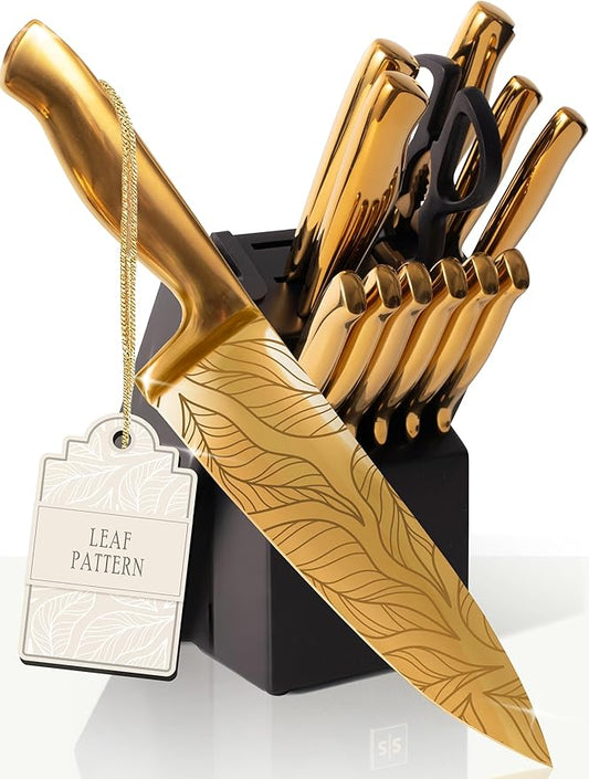Styled Settings Gold Knives with Etched Leaves Pattern and Sharpener Block | 14-Piece Gold Titanium-Coated Blades with Beautiful Pattern, Ultra-Sharp Stainless Steel, & Stylish Kitchen Knife Block Set by STYLEDSETTINGS