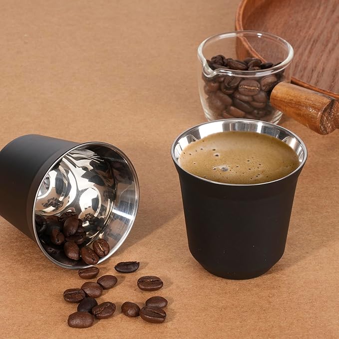 RECAPS 80ml Stainless Steel Espresso Cups Set - 2 Pack Double Wall 304 Stainless Steel Demitasse Cups 2.7oz,Black (Small Cup)
