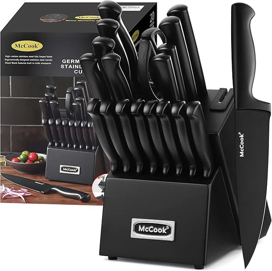 McCook® Premium Black Knife Sets,German Stainless Steel Kitchen Knives Block Set with Built-in Sharpener, 20-Piece Razor-Sharp Kitchen Knives with Ergonomic Handles, Elegant Box for Gift, Black | German Forged Stainless Steel,20 PC,Razor Sharp, Anti-Ru... by McCook