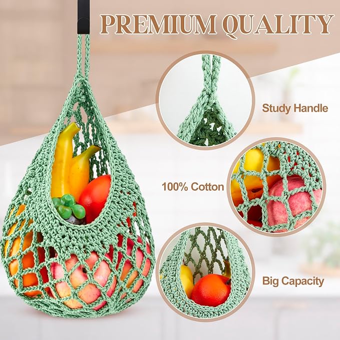 Honeydak Boho Decor Hanging Wall Baskets for Kitchen 3 Pack Teardrop Baskets with Hooks Storage Fruit Onion Vegetable Potato for Home(Sage Green,Crochet,Cotton Rope) - Image 6