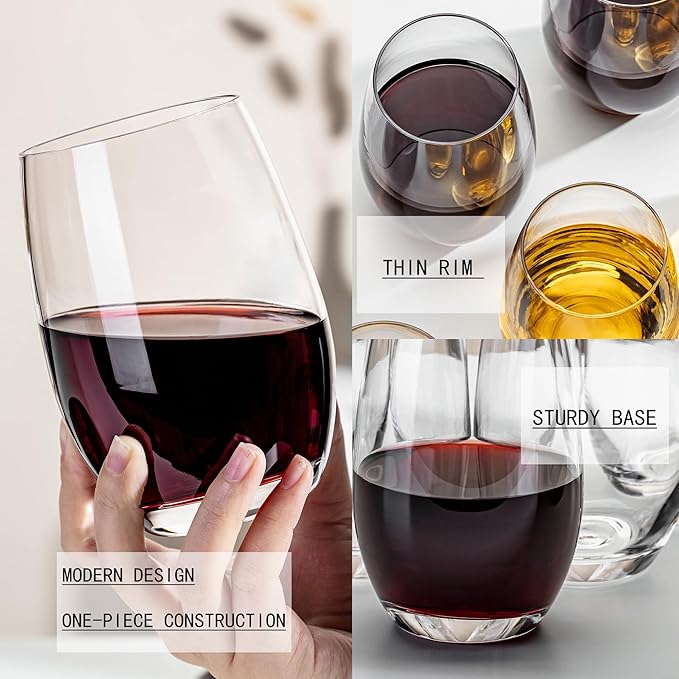 Stemless Wine Glasses Set of 12, 17oz Lead-Free Drinking Glasses for Red & White Wine, Cocktails, Juice, Sturdy Base Glassware Pack for Party, Wedding & Home Bar - Image 5