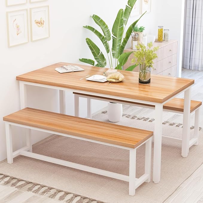 Recaceik Dining Table Set for 4 Kitchen Dining Room Set with 2 Dinner Benches, Farmhouse Breakfast Table for Apartment Small Space, Easy Assembly by Recaceik