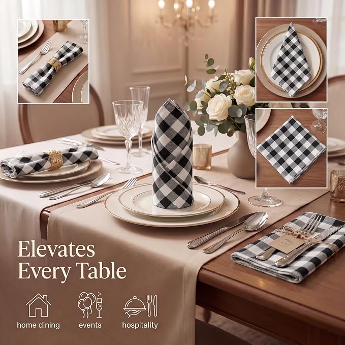 Urban Villa Cloth Napkins Cotton 20x20 (Set of 12) Black Cheks - Image 2