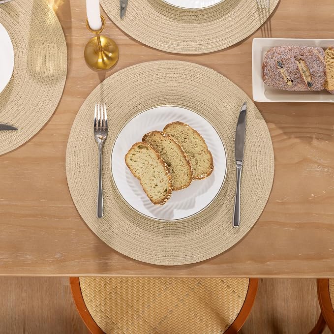 SHACOS 15 inch Round Braided Placemats Set of 6 Cotton Polyester Heat Resistant Table Mats Washable Place Mats for Dinner Party Table Decoration (Light Beige, 6) - Image 5