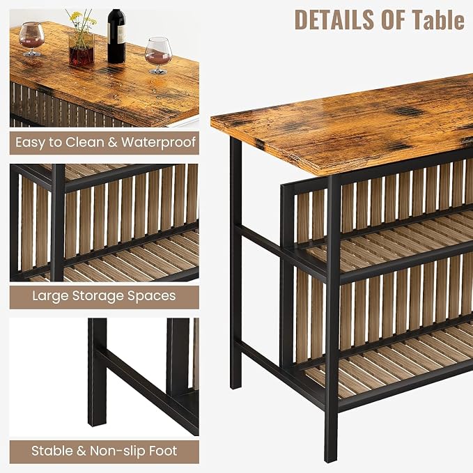 AWQM Kitchen Island with Seating & Storage Shelf, Modern Bar Table and Chairs Set for 2, Wooden Island Table for Kitchen, Dining Table Set for Small Space, Walnut Color - Image 6