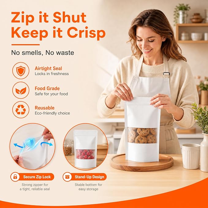 100 Pcs White Kraft Paper Bags with Window, 6.7" x 9.4" Stand Up Pouches Bags, Food Storage Bags for Packaging Products, Reusable, Sealable - Image 5