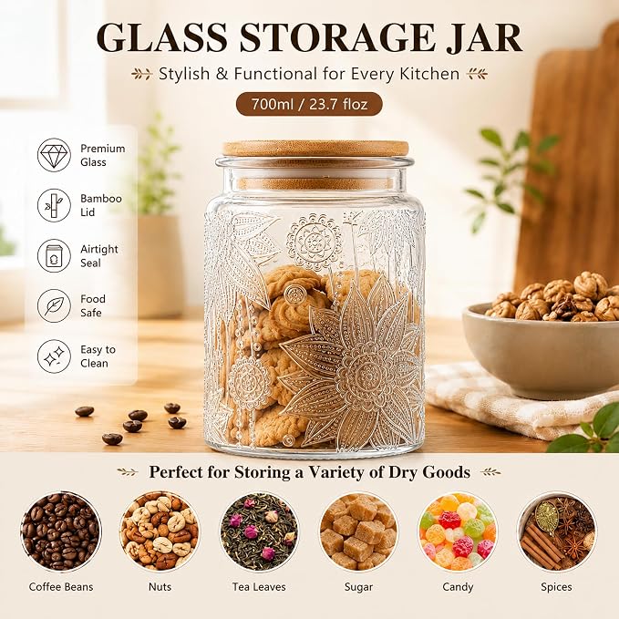 Vintage Glass Jars With Lids, 23.7oz Airtight Food Storage Containers,Kitchen Canisters For Sugar, Coffee, Tea, Spice, Flour, Candy Cookie, Pasta, Cereal, Cute Decorative Jars(Sunflower*1) - Image 4