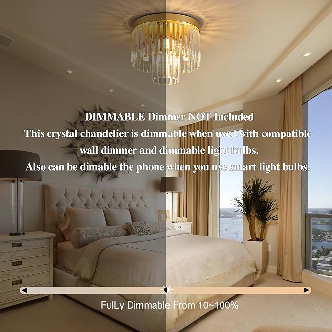 12.6" 4 Light Gold Crystal Ceiling Light for Dining Room | K9 Crystal, Stainless Steel, 2 Tier, E12 Base, Flush Mount, for Kitchen Island Living Room Bedroom Entryway - Image 8