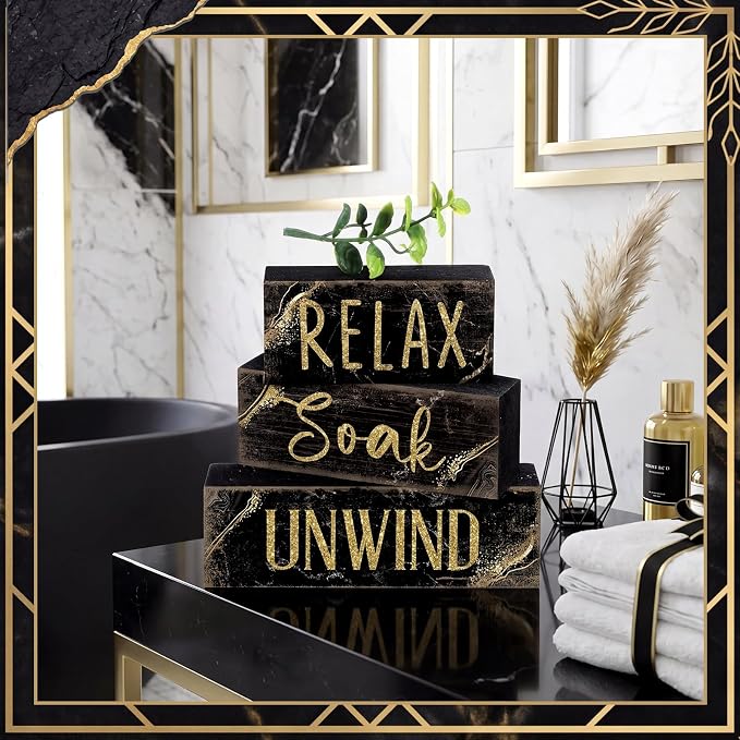 Moucuny 4 Pcs Black and Gold Bathroom Shelf Decor Sign Farmhouse Bathroom Decor and Accessories Rustic Eucalyptus Leaves Block Sign Gift Relax Soak Unwind Farmhouse Table Centerpiece for Home Toilet - Image 7