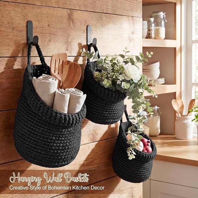 Honeydak Boho Decor Hanging Wall Baskets for Kitchen 3 Pack Teardrop Baskets with Hooks Storage Fruit Onion Vegetable Potato for Home 3 Sizes(Black,Barrel,Cotton Rope) - Image 6