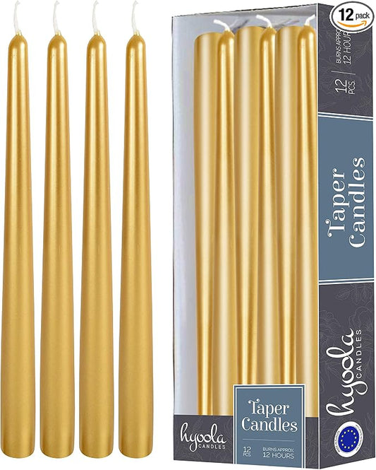 Hyoola Tall Taper Candles - 14 Inch Metallic Gold Dripless, Unscented Dinner Candle - Paraffin Wax with Cotton Wicks - 12 Hour Burn Time (Pack of 12) by Hyoola