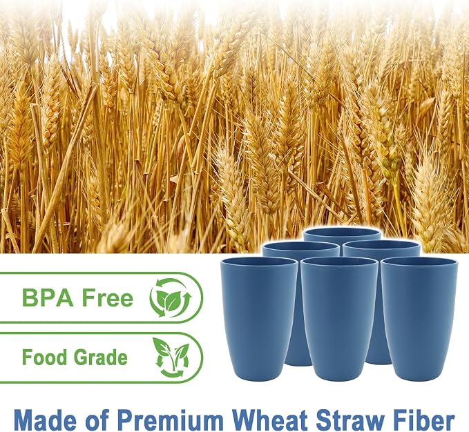 20 OZ Large Drinking Cups, Wheat Straw Cups Set of 6, Unbreakable Plastic Tumblers, Big Kitchen Cups Microwave & Dishwasher Safe Water Glasses for Kitchen, Bathroom, Party - Blue - Image 3
