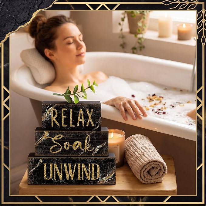Moucuny 4 Pcs Black and Gold Bathroom Shelf Decor Sign Farmhouse Bathroom Decor and Accessories Rustic Eucalyptus Leaves Block Sign Gift Relax Soak Unwind Farmhouse Table Centerpiece for Home Toilet - Image 6