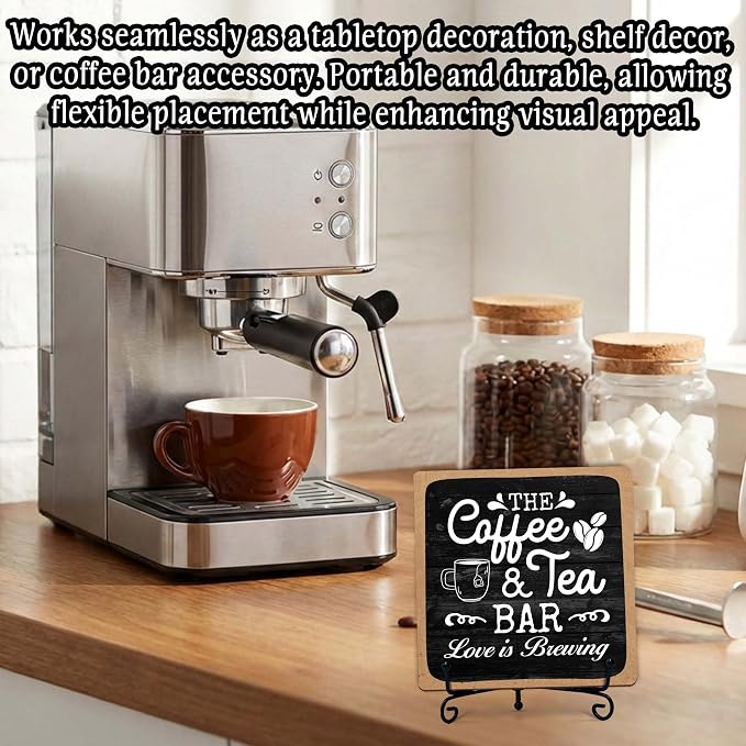 Coffee Bar Sign, Love is Brewing Farmhouse Tabletop Decor, Coffee and Tea Lover Gifts, 5x5 Wood Plaque with Iron Stand for Home Kitchen Cafe, Coffee Bar Decor – L04 - Image 4