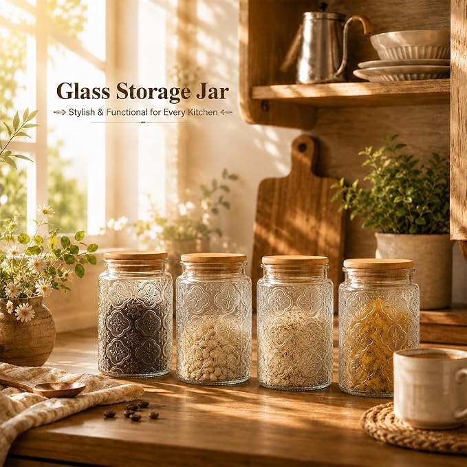 Glass Storage Jars With Airtight Lid, 23.7oz Canister For Kitchen Counter with Bamboo Lid, brown sugar, candy, coffee, cookie, salt, tea,pantry cute Jar (Begonia Flowers*1) - Image 8