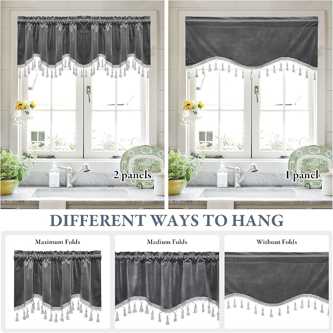 Grey Tassel Velvet Valances Curtains 52x18 Inch 2 Panels | Luxury Thick Tassel Tier Curtains for Windows, Privacy Elegant Home Decor for Kitchen, Bathroom, Rod Pocket - Image 5