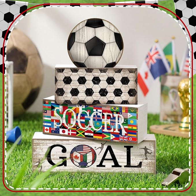 Moucuny 4 Pcs Soccer Table Decor Wooden Sport Tiered Tray Decor National Flags Table Centerpiece Decorative Classic Soccer Block Signs Gift Farmhouse Sports Decoration for Home Kitchen Shelf - Image 2