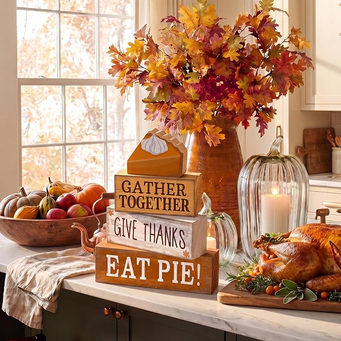 Moucuny 4 Pcs Fall Coffee Table Decor Fall Decoration for Home Wooden Stacked Block with Pie Topper Rustic Thanksgiving Tiered Tray Decor for Autumn Harvest Party Home Kitchen Coffee Bar - Image 4