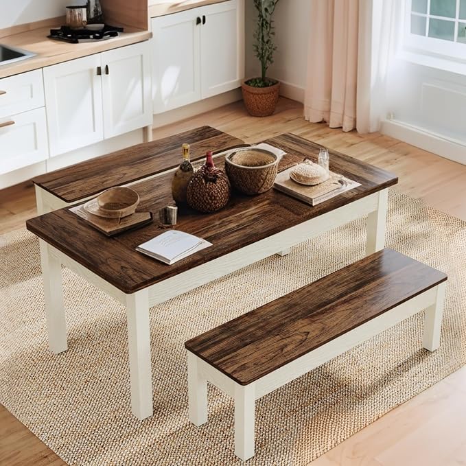 Tribesigns Farmhouse Kitchen Table Set for 4-6, 55-Inch Wooden Dining Table with 2 Benches, Space Saving 3 Pieces Heavy Duty Dinette for Dining Room, Kitchen, Small Space - Image 8
