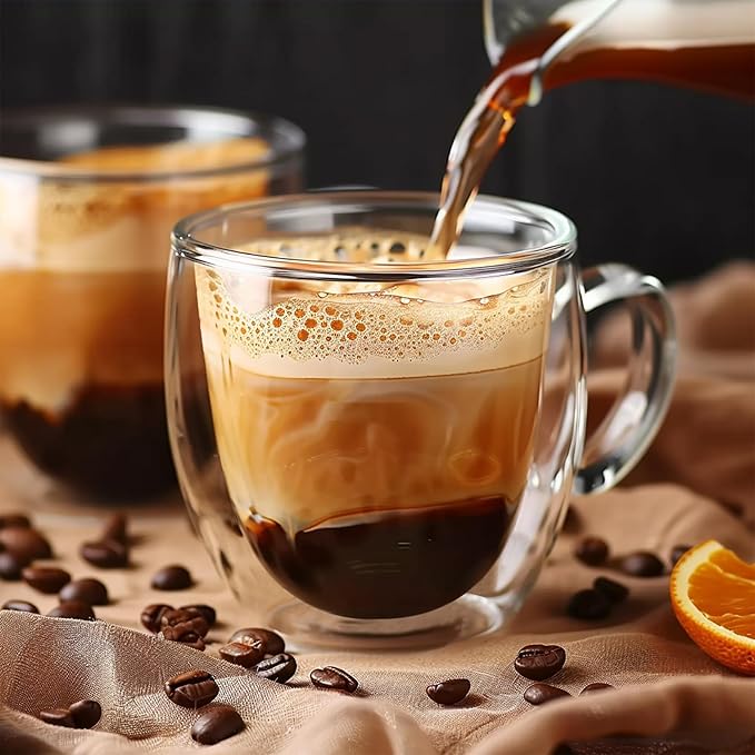 Set of 4 Double Walled Glass Coffee Mugs 8 Ounces Insulated Layer Coffee Cups with Handle Borosilicate Glass Espresso Cup for Hot Beverage,Cappuccino,Tea,Latte,Wine,Microwave Safe