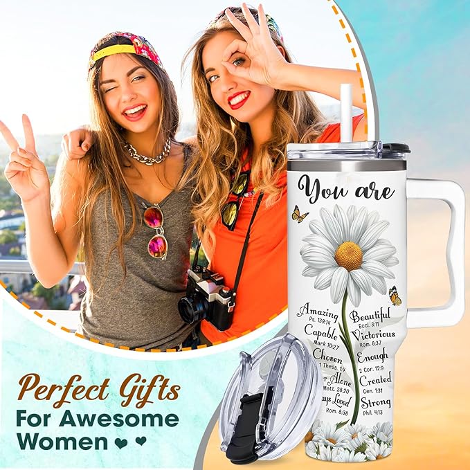 Christian Daisy Gifts for Women - Inspirational Faith Tumbler With Handle & Straw - 40Oz, Daisy Theme - Birthday, Mothers Day, Christmas