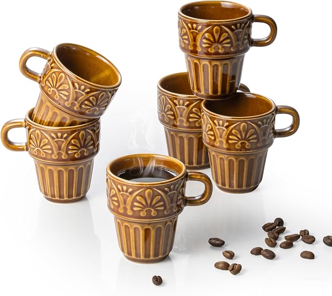 Ceramic Coffee Mug, Stackable Mug 3.3 OZ Coffee Mugs, Espresso Cups, Mugs Set of 6 for Latte Milk Hot Chocolate, for Men Women Kids, Ideal for Home Restaurant Daily Use & Holiday Gifting, Brown by LYEOBOH