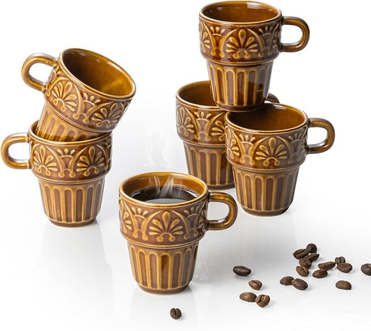 Ceramic Coffee Mug, Stackable Mug 3.3 OZ Coffee Mugs, Espresso Cups, Mugs Set of 6 for Latte Milk Hot Chocolate, for Men Women Kids, Ideal for Home Restaurant Daily Use & Holiday Gifting, Brown by LYEOBOH