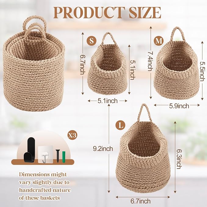 Honeydak Boho Decor Hanging Wall Baskets for Kitchen 3 Pack Teardrop Baskets with Hooks Storage Fruit Onion Vegetable Potato for Home 3 Sizes(Light Linen,Barrel,Cotton Rope) - Image 2