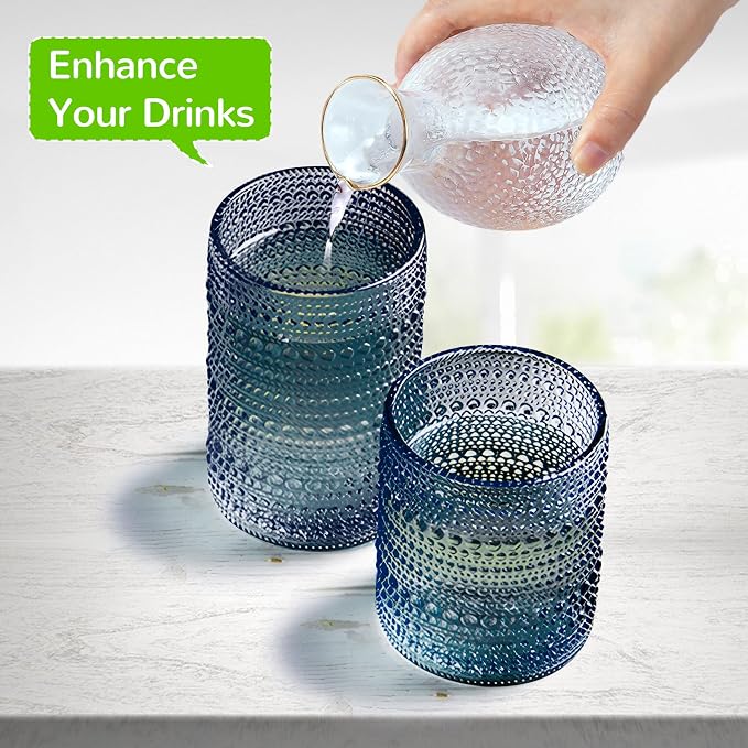 Vintage Hobnail Drinking Glasses Set of 12-14 oz Old Fashioned Glass Cups & 11 oz Cocktail Glasses, Aesthetic Kitchen Bar Tumbler Glassware Gifts Sets, Blue (12Pcs Blue XL) - Image 6