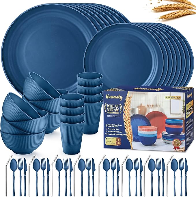 Wheat Straw Dinnerware Sets,64-Piece Plates and Bowls Sets for 8-Unbreakable,Reusable Plastic Dish Set-Dinner Plate/Dessert Plate/Cereal Bowl/Cup/Utensils-Microwavable Dishwasher Safe 64P-Deep Blue by HOMMALY