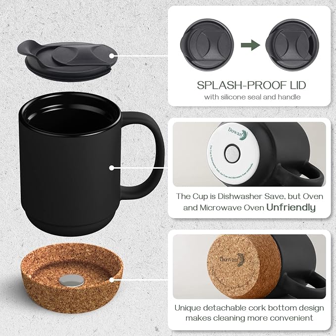 DOWAN Coffee Mugs Set of 2, 15 OZ Coffee Cup with Cork Bottom and Splash Proof Lid, Ceramic Mug Set with Large Handle for Men, Women, for Coffee Tea Latte, Matte Black - Image 4