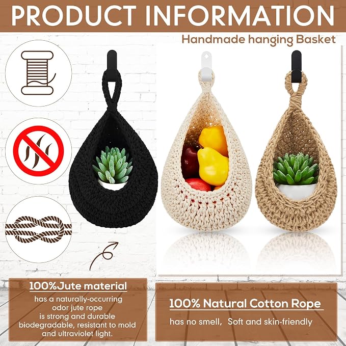 Honeydak Boho Decor Hanging Wall Baskets for Kitchen 3 Pack Teardrop Baskets with Hooks Storage Fruit Onion Vegetable Potato for Home 3 Sizes(Black,Teardrop,Cotton Rope) - Image 4