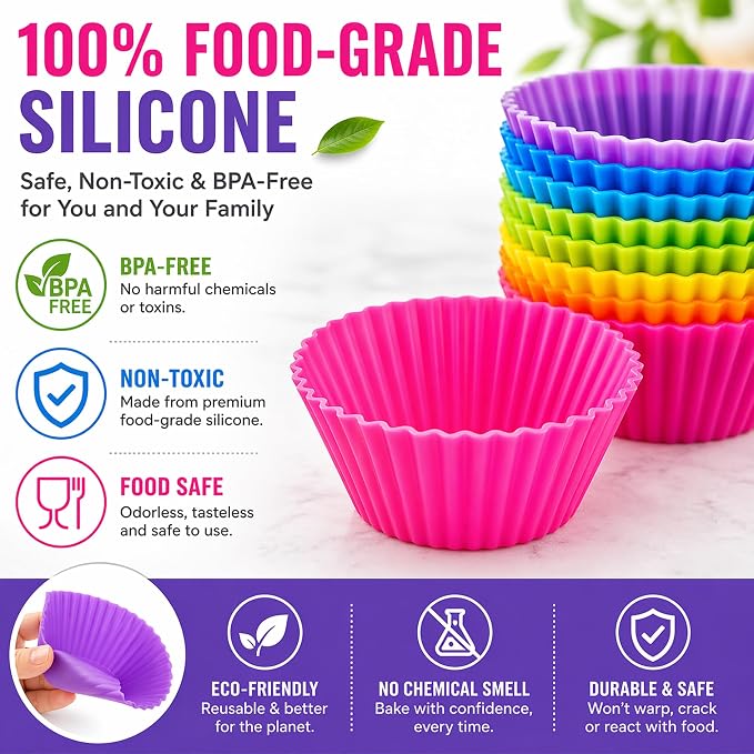 Cupcake Liners - Reusable Silicone Cupcake Baking Cups - Non-Stick Baking Muffins Mold - Use As Lunch Box Dividers - Set of 12 Kitchen Accessories - Great Gift Idea - Image 2