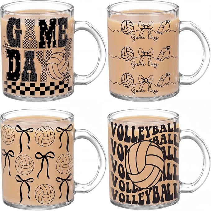 Tioncy 4 Pcs Bow Volleyball Coffee Mugs 12 oz Cute Bowknot Glass Cups with Handle Volleyball Coffee Cup Gifts Birthday Ideas for Coworker Fun Black White Drinking Home Parties by Tioncy