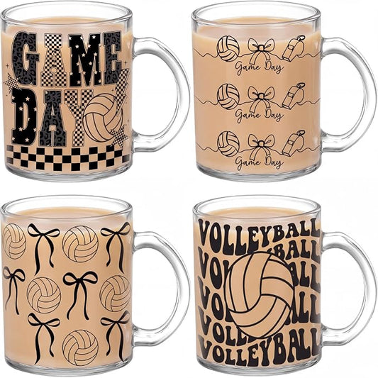 Tioncy 4 Pcs Bow Volleyball Coffee Mugs 12 oz Cute Bowknot Glass Cups with Handle Volleyball Coffee Cup Gifts Birthday Ideas for Coworker Fun Black White Drinking Home Parties by Tioncy