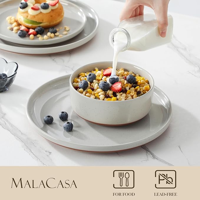MALACASA Plates and Bowls Sets, 12 Pieces Modern Stoneware Dinnerware Set for 4 Kitchen Dinner Set Ceramic Dishware Dishes Set Microwave and Dishwasher Safe, Grey, Series TARA - Image 3