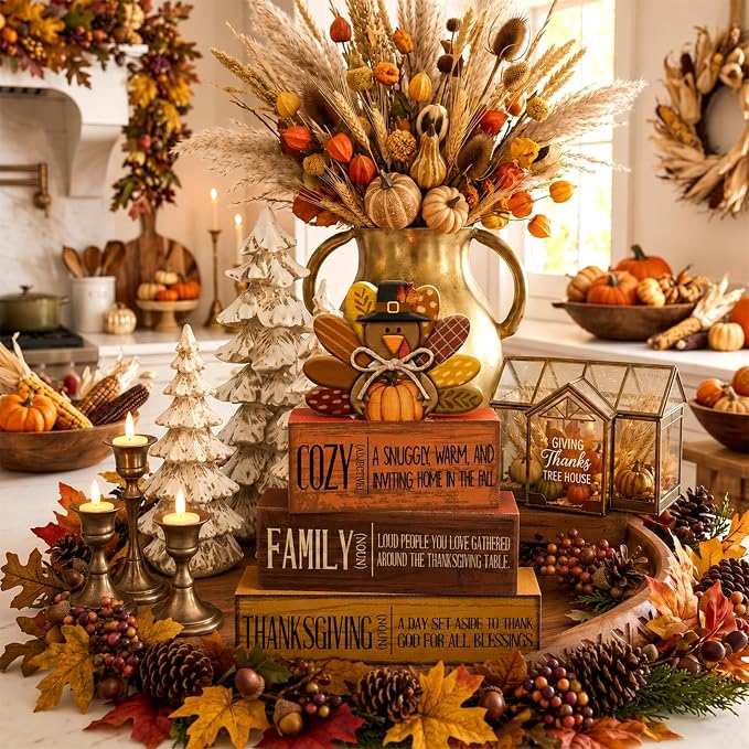 Moucuny 4 Pcs Fall Decorations for Home Wooden Turkey Decor Thanksgiving Tiered Tray Decor Thanksgiving Table Centerpiece Rustic Wooden Pumpkin Turkey Block Sign for Autumn Harvest Party Kitchen Shelf - Image 6