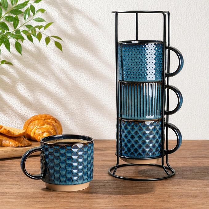 GBhome 12 OZ Stackable Coffee Mugs Set of 4, Ceramic Coffee Cups Set | Coffe Cups With Saucer and Stand, Dishwasher&Microwave Safe, 4 Assorted Designs by GBhome