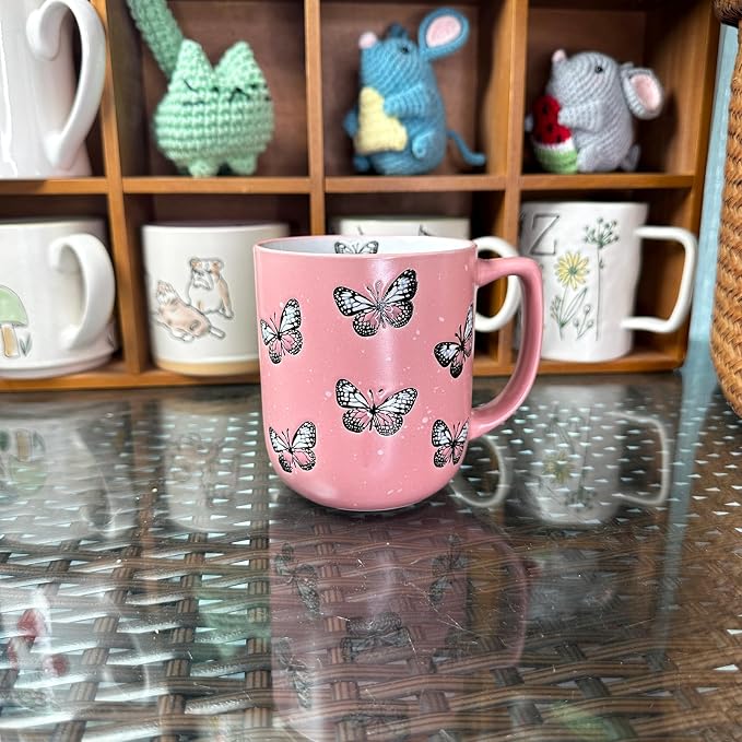 16oz Ceramic Coffee Mug for Office and Home, Hand Painted with Handles Tea Cup, Cute Vintage Butterfly Mug,Best Gifts for Women and Men,Dishwasher Microwave Safe (Light Pink) - Image 3