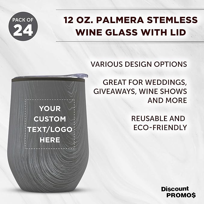 Custom Palmera Stemless Wine Tumblers with Lids 12 oz. Set of 24, Personalized Bulk Pack - Perfect for Wine, Cocktails, Other Hot & Cold Beverages - Rustic Grey