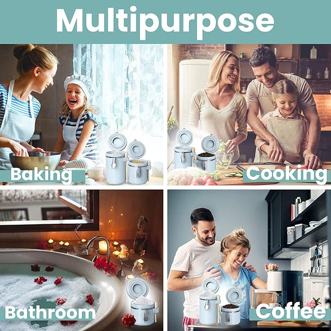 Home Intuition 4-Piece Ceramic Kitchen Canisters Set, Airtight Containers with Wooden Spoons Reusable Chalk Labels and Marker for Sugar, Coffee, Flour, Tea (Light Blue) - Image 3