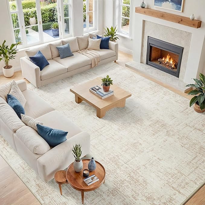 10x12 Area Rug for Living Room Bedroom: Non-Slip Modern Beige White | Machine Washable TPR Backing, Stain-Resistant Low Pile, Pet & Kid Friendly, Abstract Decor for Dining Room, Dorm, Home Office by Oriannal