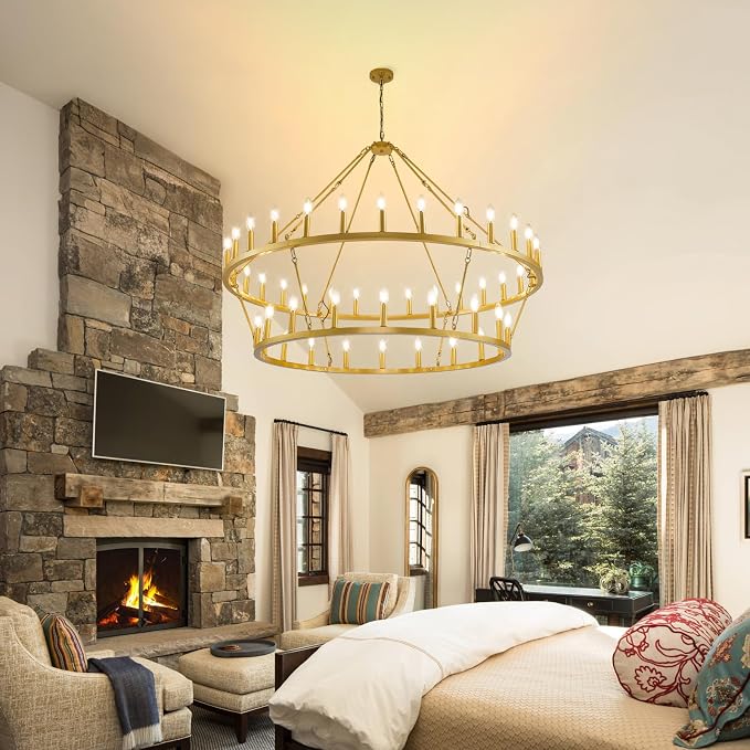 55 Inch Gold Wagon Wheel Chandelier,2 Tier 48-Lights Farmhouse Chandelier for Living Room,Round Rustic Dining Room Light Fixture,Extra Large Foyer Chandeliers for High Ceilings,for Staircase,Entryway - Image 7