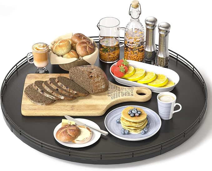 Oroyutor 18-Inch Oak Lazy Susan Organizer with Black Metal Rail | Rotating oak tray organizes spices, toiletries and decor on kitchen counters, bathroom vanities, dining and coffee tables. by Oroyutor