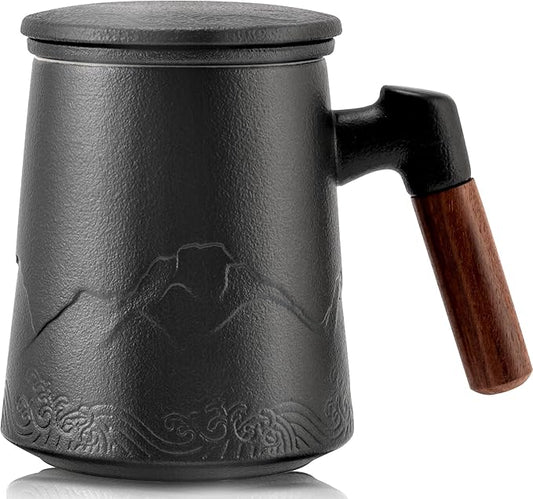 suyika Tea Cup with Infuser and Lid, 15.2 Ounce Wood Handle Ceramic Loose Leaf Mug Gradient Black 450ml by suyika