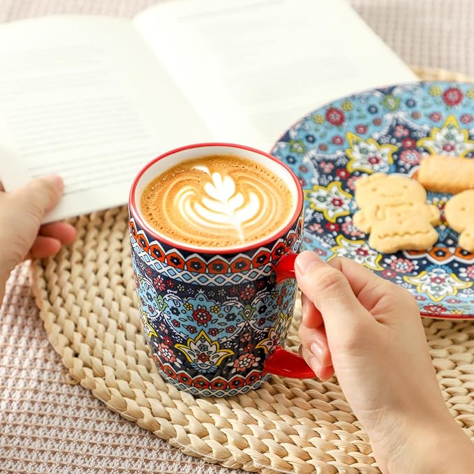 HASENSE Coffee Mugs, 15 OZ Coffee Cups Ceramic Set of 4 with Handle and Bohemian Style for Man Woman, Vintage Stoneware Porcelain Coffee Cups Set for Tea, Cocoa, Milk, Latte and Cappuccino - Multi - Image 2