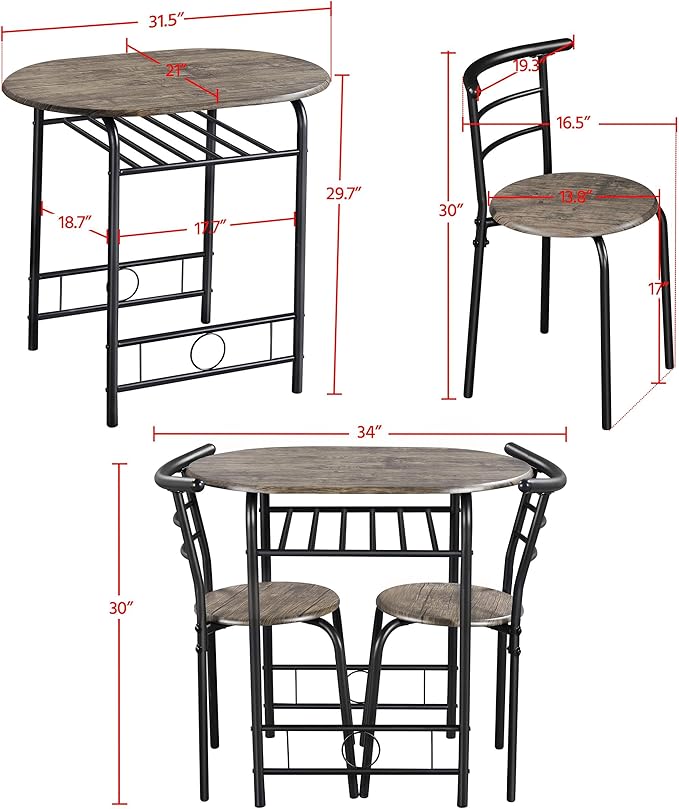 Yaheetech 3 Piece Dining Table Set, Kitchen Table & Chair Sets for 2, Compact Bistro Table Set with Steel Legs, Built-in Wine Rack for Small Space, Apartment, Breakfast Nook, Drift Brown - Image 3